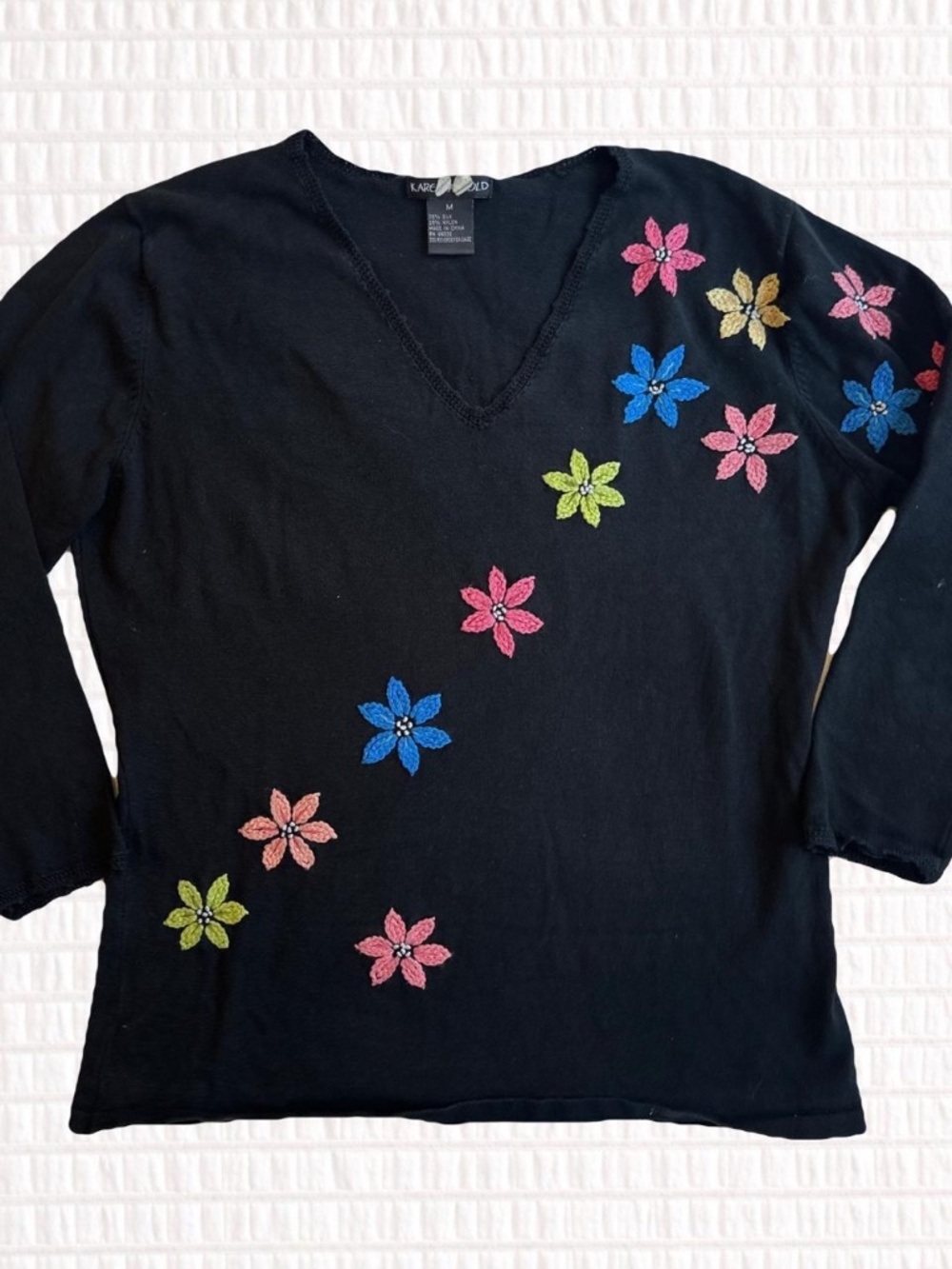 Vintage Y2K Karen Arnold Black Silk Blend Embroidered Floral Long Sleeve Top siz
